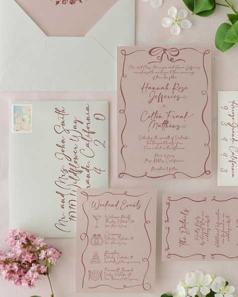 There’s nothing like capturing the essence of a couple’s love story in a wedding invitation suite! This romantic blush pink suite features delicate hand-drawn details and an elegant monogram envelope liner that adds a personal touch. From the playful illustrations on the weekend events card to the whimsical script, each element was thoughtfully designed to set the tone for a celebration full of love and joy. It’s always a joy to create something unique that truly reflects the couple’s per... Hannah Rose, Elegant Monogram, Event Card, Envelope Liner, Pink Invitations, Welcome To The Party, Full Of Love, Envelope Liners, Wedding Invitation Suite