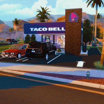 Taco Bell - NOW FREE | GawdlySims on Patreon Sims 4 Restaurant, Black Simmer, The Sims 4 Lots, Sims 4 Kitchen, Fountain Drink, Sims Packs, Video Game Room Design, Sims 4 Cc Skin, Sims 4 Expansions