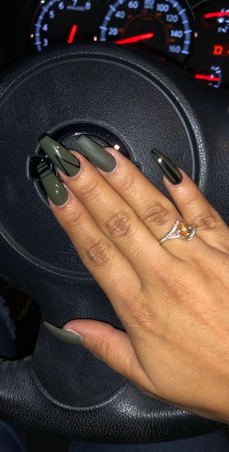 Black And Army Green Nails, Hunter Green Nails Acrylic, Army Green Nails, Olive Nails, Dark Green Nails, Black And Khaki, Wedding Nails Glitter, Black Acrylic Nails, Girl Nails