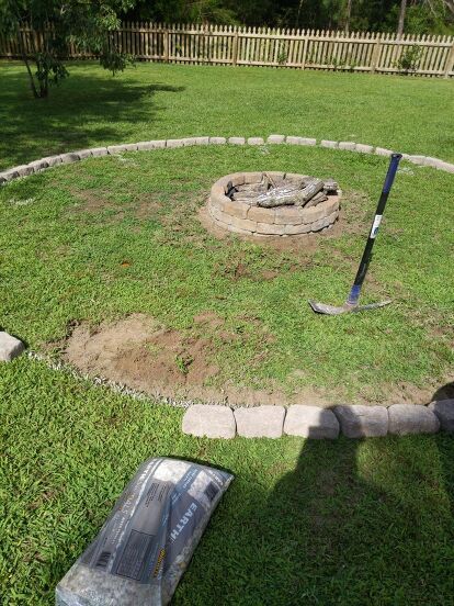 Circle Fire Pit, Fire Pit Edging, Diy Fire Pit Area, Brick Circle, Small Landscaping, Backyard Firepit Area, Fire Pit With Rocks, Backyard Goals, Outdoor Fire Pit Area