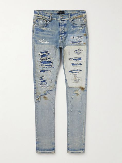 Mike Amiri started out customising jeans for rock 'n' roll legends like Axl Rose and Steven Tyler back in 2014. Channelling the same spirit, this pair is cut for a signature skinny fit and detailed with cool ripped panels on the legs. Wear yours with sneakers or Cuban boots. Small to size. See Size & Fit notes. Customising Jeans, Cuban Boots, Mike Amiri, Fit Logo, Steven Tyler, Axl Rose, Patchwork Jeans, Jeans For Men, Mr Porter