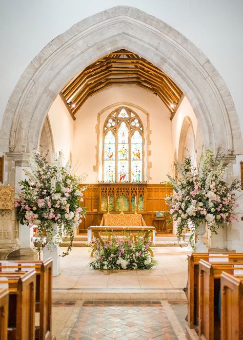 A Soft Pink Spring Wedding at Hedsor House – All For Love London Altar Flowers For Wedding, Chapel Flowers Wedding Aisle Decorations, Chapel Wedding Florals, Alter Decoration Church, Decorating Church For Wedding, Church Wedding Flowers Altar Catholic, Chapel Wedding Decor, Church Flowers Wedding, Church Ceremony Decorations