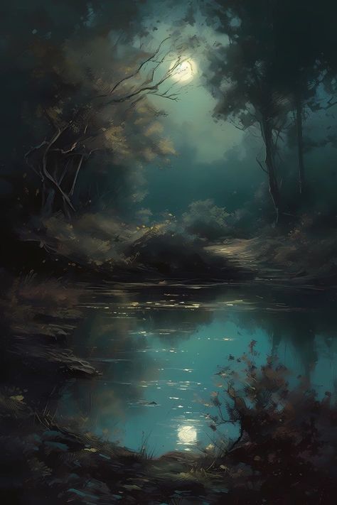 Moonlight Landscape Painting, Lake Aesthetics Night, Night Lake Painting, Lake At Night Painting, Night Scenery Painting Moonlight, Moonlight Artwork, Fantasy Pond, Night Forest Painting, Forest Moonlight