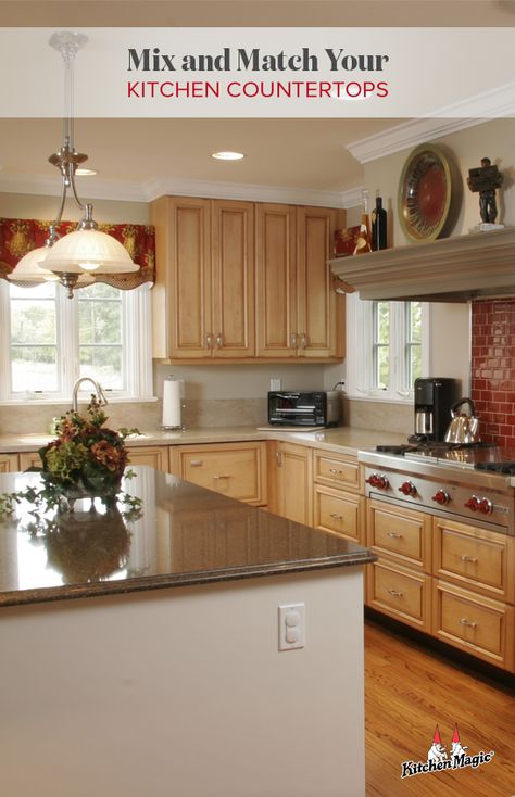 We all love a kitchen with personality and style. Mixing and matching countertops in your kitchen is a great way to add an elevated level of elegance to the room. Here's what you should know about choosing the right countertops for your kitchen and why mixing is the design choice for you.   #KitchenCounters #KitchenDesign #Countertops #KitchenIdeas #KitchenRemodel #KitchenDesignIdeas #DreamKitchen Multiple Countertops In Kitchen, Mix And Match Kitchen Countertops, Mixing Kitchen Countertops, Mixed Kitchen Countertops, 2 Different Countertops In Kitchen, Mix And Match Countertops, Kitchen With Two Different Countertops, Two Different Countertops In Kitchen, Mixing Countertops In Kitchen