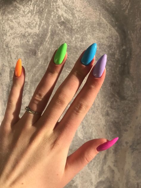 Bold Colour Nails, Solid Nail Color Designs, Easy Bright Nails, Bright January Nails, Bright Color Nails Summer, Brightly Colored Nails, Different Solid Color Nails, Multi Colored Almond Nails, Bright Purple Summer Nails