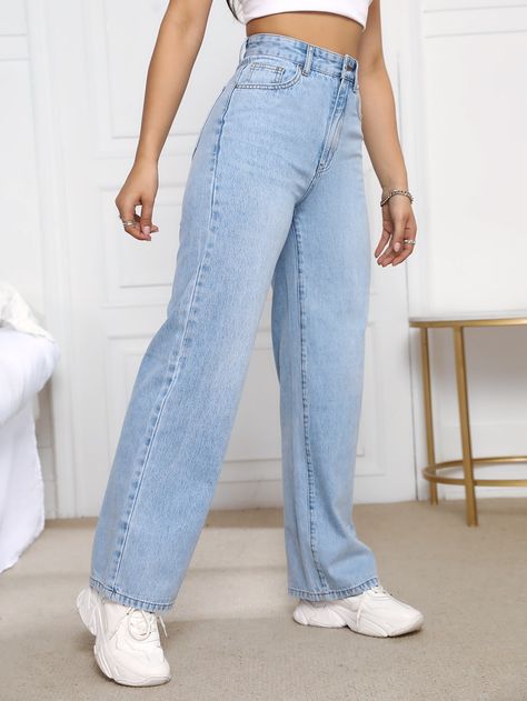 Light Wash    Denim Plain Straight Leg Embellished Non-Stretch  Women Denim Light Blue High Waisted Jeans Outfit, Light Blue Jeans Outfit Women, Light Blue Denim Jeans Outfit, Light Wash Denim Outfit, Denim Trousers Outfit, Light Blue Straight Jeans, Jean Claro, Denim Trousers Women, Light Wash Jeans Outfit