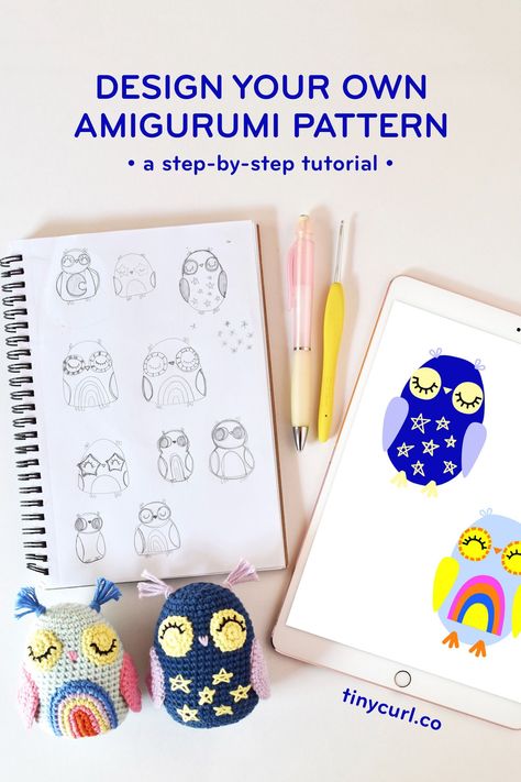 Learn how to design your own amigurumi crochet pattern with this step-by-step tutorial. I’ll take you through my entire pattern design process from inspiration to finished product! #crochettutorial #crochet #amigurumi Crocheting For Beginners, Tiny Curls, Crochet Patterns Ideas, Owl Crochet Patterns, Crochet Abbreviations, Crochet Amigurumi Free Patterns, Manta Crochet, Owl Patterns, Patterns Ideas