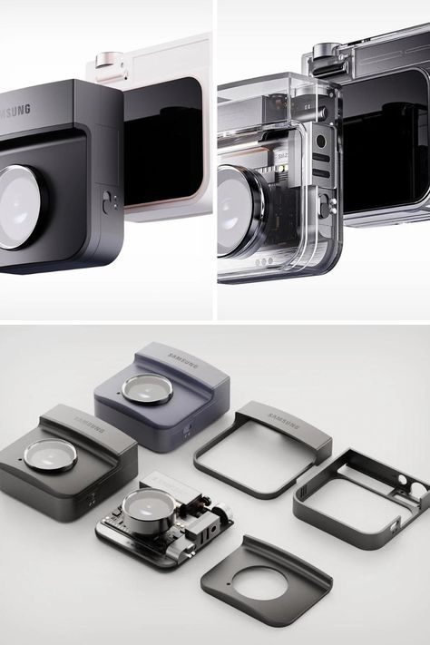 Bagging the first Design of the Month spot is the Samsung Action Camera concept from designer Isaac Lee. The Samsung Action Camera, although it looks large, is quite a small contraption no larger than a GoPro or any other action camera. It comes with one wide-angle lens, along with a few other features like a record button, control knob, digital viewfinder, and an LCD screen on the top like the one seen on retro-style cameras. Read More Camera Design, Concept Camera, Camera Concept, 3d Film Camera, Futuristic Camera Concept, Mobile Camera Lens, Functional Rectangular Camera Bag For On-the-go, Samsung Camera, Camera Holder