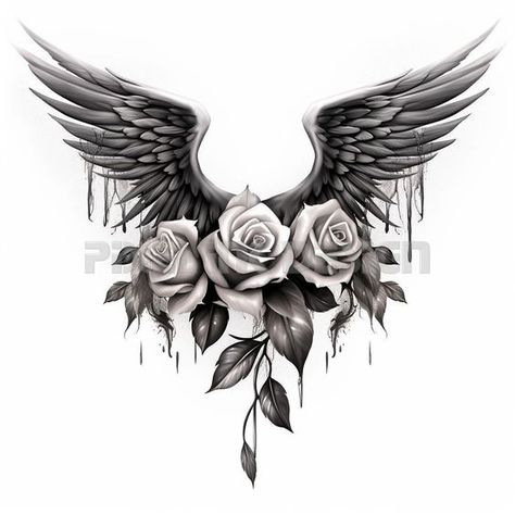 Wings with Roses Tattoo Design Memorial Neck Tattoos, Angel Wings Rose Tattoo, Roses Tattoo Design, Tattoo Dream, Alas Tattoo, Background Printable, Tattoo Inspiration Men, Roses Tattoo, Tattoo Templates