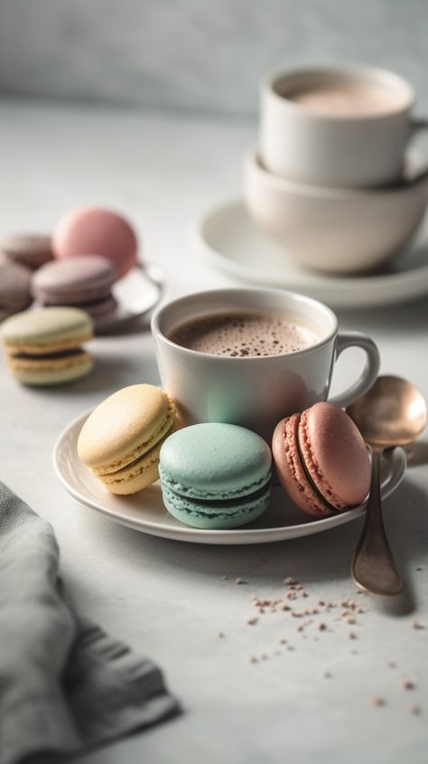 Macaron Photography Ideas, Coffee And Macarons, Macaron Wallpaper, Coffee And Dessert, Coffee Jokes, Breakfast Photography, Chocolate Caliente, Coffee Is Life, Cafe Food