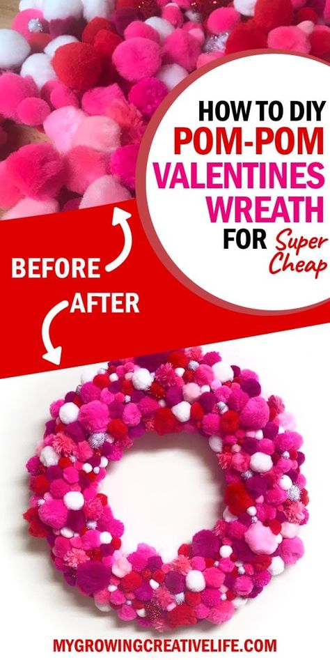 Pom Pom Valentines Wreath: Colorful and Easy to Make - My Growing Creative Life Pom Pom Crafts Diy, Diy Valentines Wreath, Crafts Valentines Day, Crafts Valentines, Valentine Wreath Diy, Fun Valentines Day Ideas, Pom Wreath, Pom Crafts, Valentines Wreath