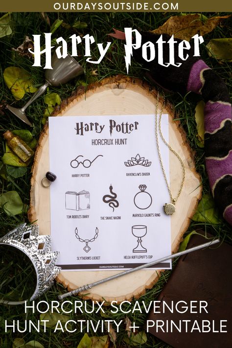 Calling all witches, wizards, and muggles alike! This is a super fun activity for Harry Potter fans of all ages to do right in your own backyard. Try it out as a party activity or just for some extra fun around the house! Horcrux Scavenger Hunt, Harry Potter Printable Games Free, Harry Potter Class Activities, Harry Potter Games For Kids Birthdays, Harry Potter Activities Printables, Harry Potter Activity Sheets, Harry Potter Scavenger Hunt, Harry Potter Events, Horcrux Hunt