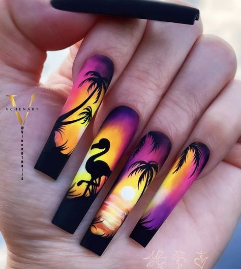 Jamaica Nails, Hawaiian Nails, Beach Themed Nails, Beach Nail Art, Palm Tree Nails, Beach Nail Designs, Neon Nail Designs, Fancy Nail Art, Unghie Nail Art