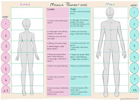 Female and Male Manga Proportion Guide by Yubi-Yubi Learn Manga, Body Proportion Drawing, Head Proportions, Male Manga, Drawing Body Proportions, Drawing Proportions, Drawing Anime Bodies, Drawing Legs, How To Draw Anime