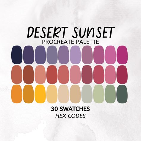 Introducing "Desert Sunset" Procreate Color Palette! Elevate your digital artistry with the warm hues of Desert Sunset! This meticulously curated palette of 30 swatches captures the vibrant essence of the desert, offering a versatile range of colors and combinations to inspire your creative endeavors. WHAT'S INCLUDED: 1 .swatches file: Easily importable into Procreate for instant access to the Desert Sunset color palette. 1 .pdf file with hex codes: Delve deeper into the palette with our bonus P Sunrise Colors Palette, Desert Sunset Color Palette, Color Palette Desert, Desert Color Scheme, Sunset Procreate, Earth Color Palette, Desert Palette, Desert Color Palette, Procreate Color Palettes