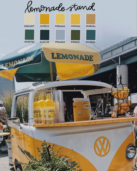 This is a picture I took at a farmers market in Nashville, Tennessee! The cute VW bus paired with the green fern and lemonade stand made for a cute summertime color palette Farmers Market Design Ideas, Farmers Market Lemonade, Lemonade Stand Design, Summertime Color Palette, Lemonade Stand Farmers Market, Food Truck Color Palette, Farmers Market Color Palette, Lemonade Truck Ideas, Lemonade Food Truck