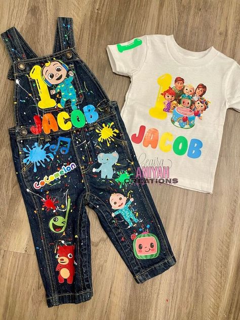 Cocomelon Outfit, Cocomelon 1st Birthday, Cocomelon Birthday Outfit, Birthday Overalls, Birthday Boy Quotes, Moana Birthday Outfit, Birthday Cocomelon, Kid Birthday Outfits, Baby Birthday Party Theme