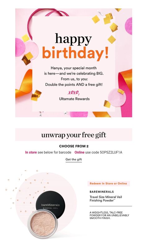 Ulta Beauty Ultamate Rewards Free Birthday Gift Email Talc Free Powder, Free Birthday Gifts, Your Birthday Month, Birthday Email, Birthday Freebies, Beautiful Flower Tattoos, Birthday Coupons, Clinique Moisture Surge, Clinique Moisturizer