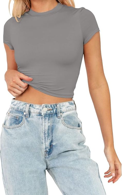 TECREW Womens Summer Short Sleeve Cute Crop Tops Casual Basic Crewneck Slim Fit T-shirts Crop Top Casual, Basic Fits, Costume Intero, Short Sleeve Pattern, Cropped Tops, Hipster Fashion, Short Sleeve Cropped Top, Womens Basic, Color Shorts