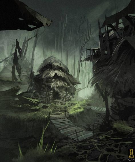 Swamp Hut Concept Art, Swamp Concept Art, Halfling Village, Swamp Town, Concept Art House, Village Hut, Deciduous Forest, Fantasy Village, Forest Dark