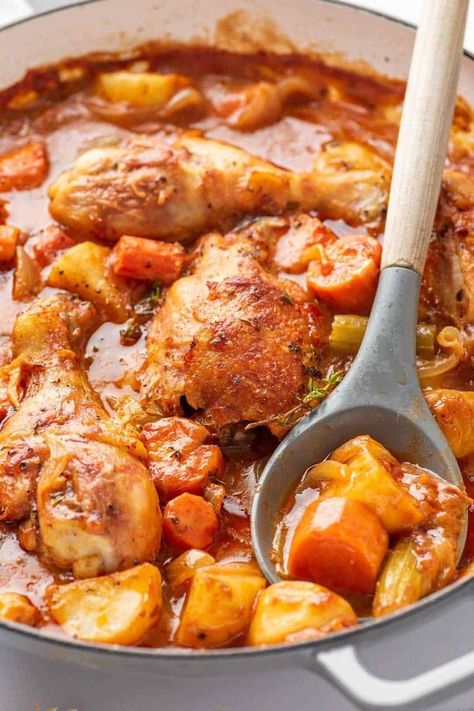 Looking for a fun new meal to serve your dinner guests this holiday season? This delicious and cozy Chicken Stew recipe comes together with only a few simple ingredients. This is a hearty and flavorful recipe that the whole family will love. Chicken thighs, drumsticks, carrots, and potatoes all cooked up in one pot, this recipe is foolproof. #CookinwithMima #ChickenStew #EasyRecipes Chicken Legs In Air Fryer, Chicken Thigh Stew, Chicken Thighs Crockpot, Healthy Stew Recipes, Easy Chicken Stew, Chicken Thigh Recipes Easy, Thigh Recipes Easy, Chicken Stew Recipe, Chicken Leg Recipes