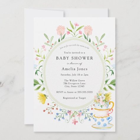 Time for Tea Baby Shower Wildflower Invitation  Zazzle Bridal Shower Wildflower, Baby Shower Wildflower, Tea Bridal Shower, Watercolor Tea, Tea Bridal Shower Invitations, Whimsical Baby Shower, Wildflower Invitation, Par Tea, Baby Tea