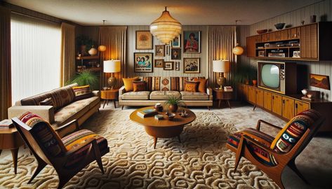 1970s Modern Interior Design, 30s Interior Design, Vintage 70s Living Room, Community Center Interior, 70s Living Room 1970s Interior, Modern 70s Living Room, 70s House Aesthetic, 70s Inspired Living Room, 1970s Living Room