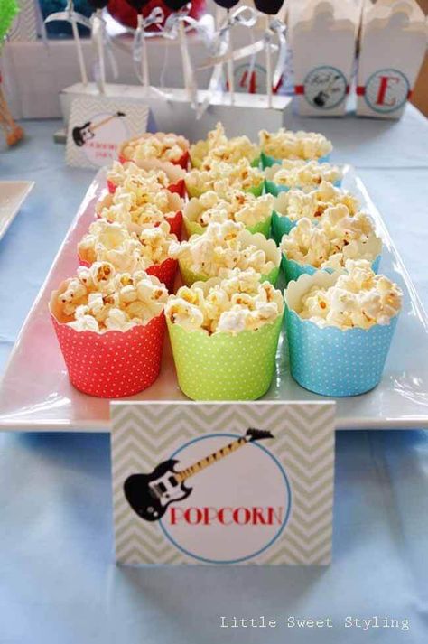 Guitar Rock Star Birthday Party Popcorn Ideas Birthday Boy Party Ideas, 4th Birthday Boy, Rock Star Guitar, Boy Birthday Party Ideas, Pop Star Party, Birthday Boy Party, Star Guitar, 4th Birthday Boys, Rockstar Party