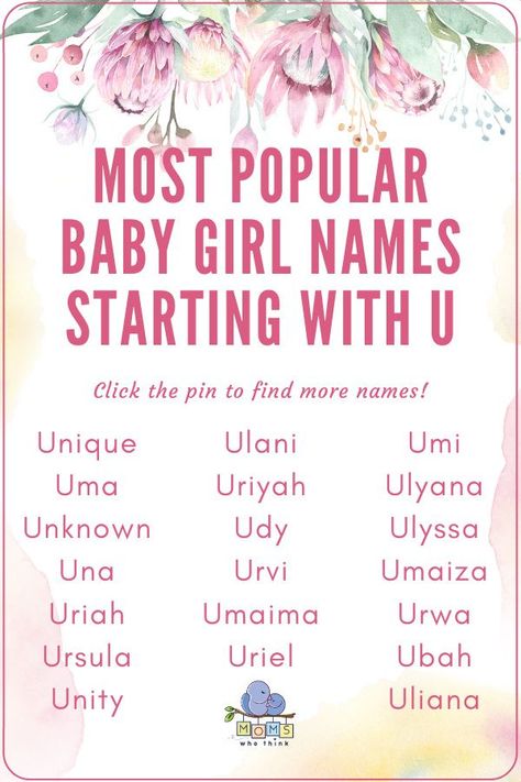 The most detailed list of popular & beautiful baby girl names starting with U. Discover hundreds of creative names for girls and girl middle names starting with the letter U along with the meanings and origin of each name! | Moms Who Think Names With U, E Baby Girl Names, J Baby Girl Names, S Baby Girl Names, L Baby Girl Names, Girl Middle Names, M Baby Girl Names, First And Middle Names