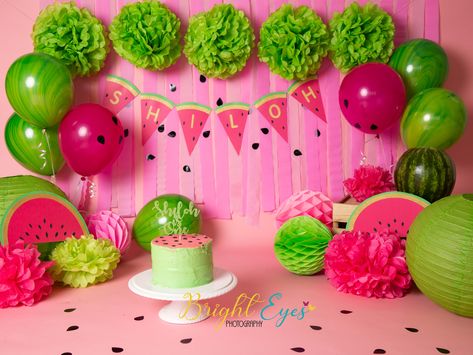 Watermelon Cake Smash, Watermelon Backdrop, Half Birthday Baby, Cake Smash Theme, Baby Birthday Photoshoot, 1st Birthday Girl Decorations, Onederland Birthday Party, Baby Backdrop