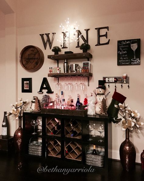 Our wine bar decor wall in our new home. Wine Themed Dining Room, Wine Dining Room Decor Ideas, Christmas Wine Bar, Wine Bar Decor Ideas, Wine Bar Decor, Bar Cart Inspiration, Wine Theme Kitchen, Wine And Coffee Bar, Horse House