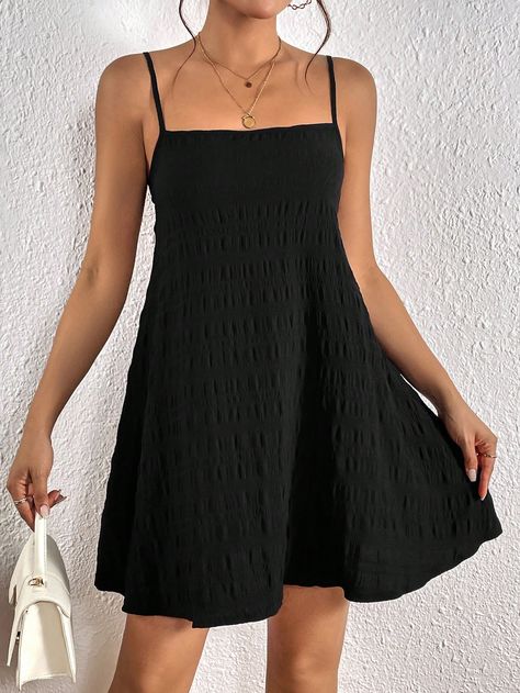 Black Casual Collar Sleeveless Fabric Plain Cami Embellished Non-Stretch  Women Clothing Little Black Dress Casual, Black Dress Outfit Spring, Black Dress Outfit Party, Black Plain Dress, Black Dress Outfit Casual, Little Black Dress Outfit, Outfits New Year, Simple Summer Dresses, Black Cotton Dresses