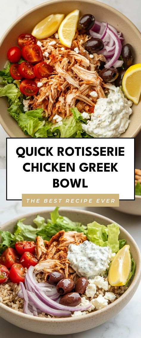 Image for Quick Rotisserie Chicken Greek Bowl Healthy Rotisserie Chicken Recipes Easy, Rotisserie Chicken Skillet Recipes, Low Carb Greek Chicken Bowls, Rotisserie Chicken Burrito Bowl, Store Bought Rotisserie Chicken Recipes, Easy Rotisserie Chicken Meals, Healthy Rotisserie Chicken Meals, Greek Bowls Chicken, What To Do With Rotisserie Chicken