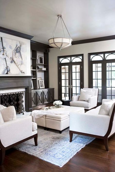 Remodelaholic | 25 Beautiful Examples of Colored Trim White Walls Dark Brown Trim, Paint Colors Against Dark Wood, Espresso Trim Interior, Living Room With Dark Wood Trim, Wood Vs White Trim, Dark Trim Living Room, Brown Trim White Walls, Dark Walls White Furniture, White Walls With Dark Trim