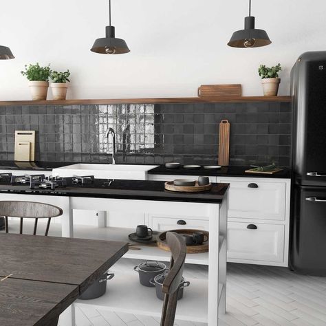 The 9 Top 2023 Home Decor Trends Black Tiles Kitchen, Black Backsplash, Ceramic Collection, Black Countertops, Glazed Ceramic Tile, Black Kitchen Cabinets, Black Glaze, Zellige Tile, Black Tiles