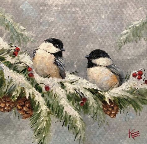 Chickadee Art, Christmas Card Art, Winter Painting, Beginner Painting, Winter Art, Paint By Numbers, Bird Drawings, Christmas Paintings, Painting Art Projects