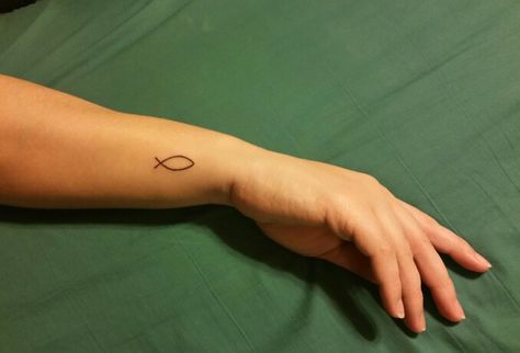 Christian Fish Symbol Tattoo, Christian Fish Tattoo For Women, Fish Simple Tattoo, Fish Wrist Tattoo, Fish Symbol Tattoo, Christian Tatoos Idea, Simple Fish Tattoo, Small Fish Tattoo, Yahweh Tattoo