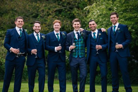 Brewery Wedding Decorations, Tartan Waistcoat, Groom Suspenders, Rustic Spring Wedding, Navy Suit Wedding, Tartan Suit, Tartan Wedding, Groom Style Wedding, Navy Wedding Flowers