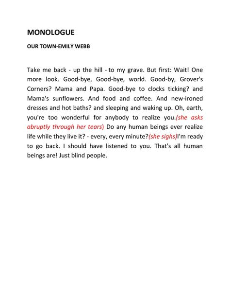 Goodbye monologue from our town play but for quarentine Our Town Quotes, Short Monologues For Auditions, Happy Monologues, Play Monologues, Comedy Monologues, Acting Scripts To Practice For One Person, Dramatic Monologues For Women, Acting Practice, 1 Minute Monologues