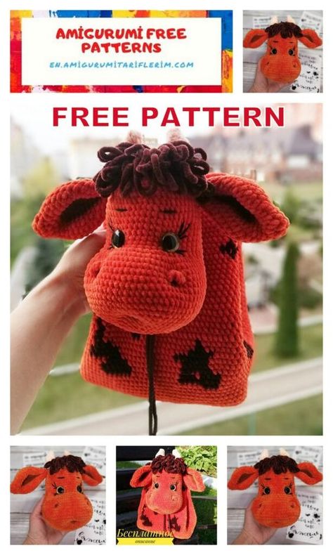 Cow Backpack, Diy Crochet Purse, Crochet Kids Blanket, Crochet Lovey Free Pattern, Crocheted Cow Pattern, Crochet Backpack Pattern, Handbags Patterns, Crocheted Toys, Easy Crochet Animals