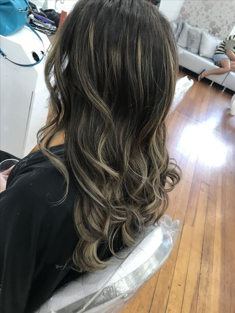 Balayage, Brunette with Blonde Highlights, Fall 2017, Luscious Locks & Lashes Black With Light Blonde Highlights, Dirty Blonde Highlights On Black Hair, Dark Blonde Highlights On Black Hair, Honey Blonde Balayage On Black Hair, Blonde Balayage Black Hair, Honey Blonde Highlights On Black Hair, Latina Highlights, Blonde Highlights Black Hair, Black Hair With Highlights Blonde