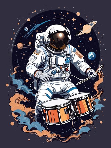 "Astronaut Playing Drums" Classic T-Shirt for Sale by dooubleX | Redbubble Drum Wallpaper Art, Tshirt Design Ideas Art, Astronaut Music, Drums Wallpaper, Space Song, Playing Drums, Space Music, Drums Art, Space Drawings