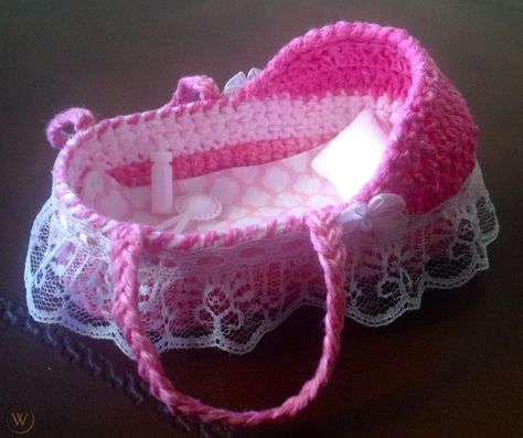 OOAK crochet 5" Bassinet/Basket/Bed fit small Baby Doll - Polymer or Similar | #1812461710 Bassinet Basket, Crochet Crib, Doll Bassinet, Basket Bassinet, Small Baby Dolls, 5 Babies, Baby Bassinet, Pink Crochet, Miniature Doll