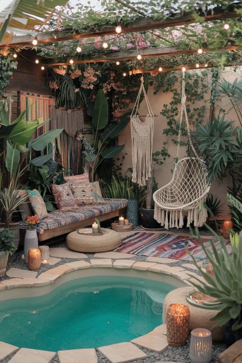 Cozy outdoor pool area with a hanging swing, colorful cushions, and lush plants, illuminated by string lights. Backyard Escapes Oasis, Pool Chill Out Area, Hammock Area Ideas Backyards, Deck Oasis Ideas, Backyard Hangout, Retreat Ideas, Cozy Outdoor, Cozy Seating, Backyard Shed