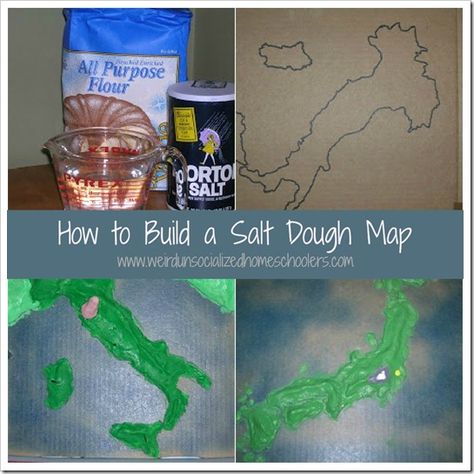 [dropcap]E[/dropcap]asy and fun to make, salt dough maps are a great visual aid for learning the geography of a country and a fun, hands-on tool for making history come alive.      We like to make our maps on pizza boxes. They're sturdy, easily Salt Dough Map, Make Salt Dough, Geography Project, Geography Activities, 4th Grade Social Studies, Homeschool Geography, Homeschool Social Studies, Map Projects, Geography Lessons