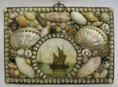 A smaller, later piece (late 19th century) using mostly pearliscent shells. Pretty handpainted shell in the middle. Victorian Shell Art, Vintage Shell Art, Seashell Creations, Seashell Decor, Art Coquillage, Sailors Valentine, Sea Shell Decor, She Sells Seashells, Shell Decor