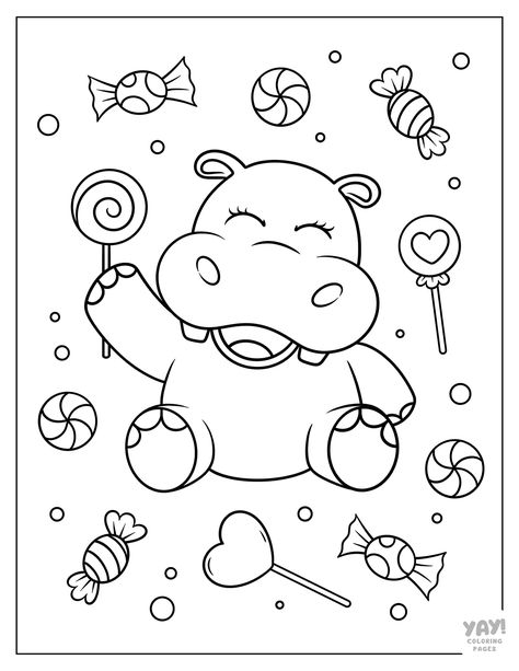 Cute hippo with candy. Hippo Coloring Pages, Simple Coloring Pages For Kids, Coloring Spring, Cute Animal Coloring Pages, Cute Coloring Pages For Kids, Fruit Coloring, Minnie Mouse Coloring Pages, Nativity Coloring Pages, Beach Coloring Pages