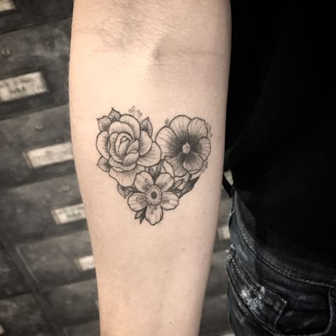 Cover Heart Tattoo, Flower In Heart Tattoo, Flower Inside Heart Tattoo, Heart Shape Flower Tattoo, Heart Shaped Flower Tattoo, Birth Flower Heart Tattoo, Heart And Flower Tattoo, Floral Heart Tattoo, Heart Shape Tattoo