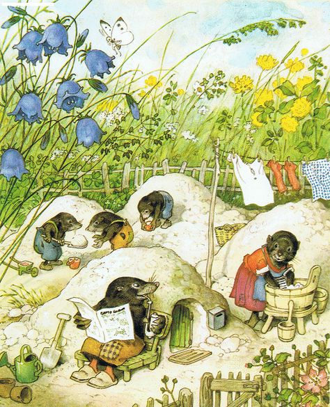 Fritz Baumgarten--Gartenfest in Blumenhausen (I enjoy the thought of a mole sitting back, relaxing with a pipe and reading the paper.) Fritz Baumgarten, Arte Indie, Childrens Books Illustrations, Arte Fantasy, Art And Illustration, Fairy Art, Childrens Illustrations, Childrens Art, Children's Book Illustration