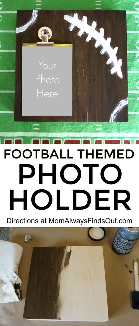 Football Photo Holder Craft - DIY Wooden Picture Display with Clip - EASY Directions @momfindsout Diy Picture Stand, Photo Holder Diy, Football Team Photo, Photo Holder Craft, Diy Photo Holder, Picture Crafts, Nurse Ideas, Flip Photo, Football Team Gifts